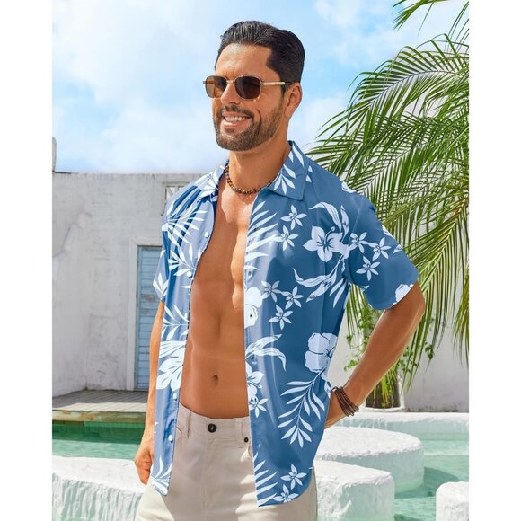 Men Blue Hawaiian Wrinkle Free Short Sleeve Button Down Tropical Floral Shirt - Picture 2 of 5